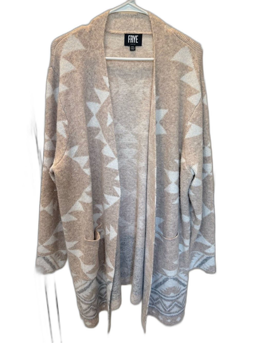 FRYE Taupe and Cream Aztec Open-Front Cardigan (long) XXL